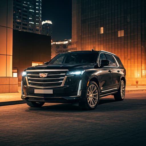 High-end professional photograph of a black Cadillac Escalade SUV in a luxury urban setting at night